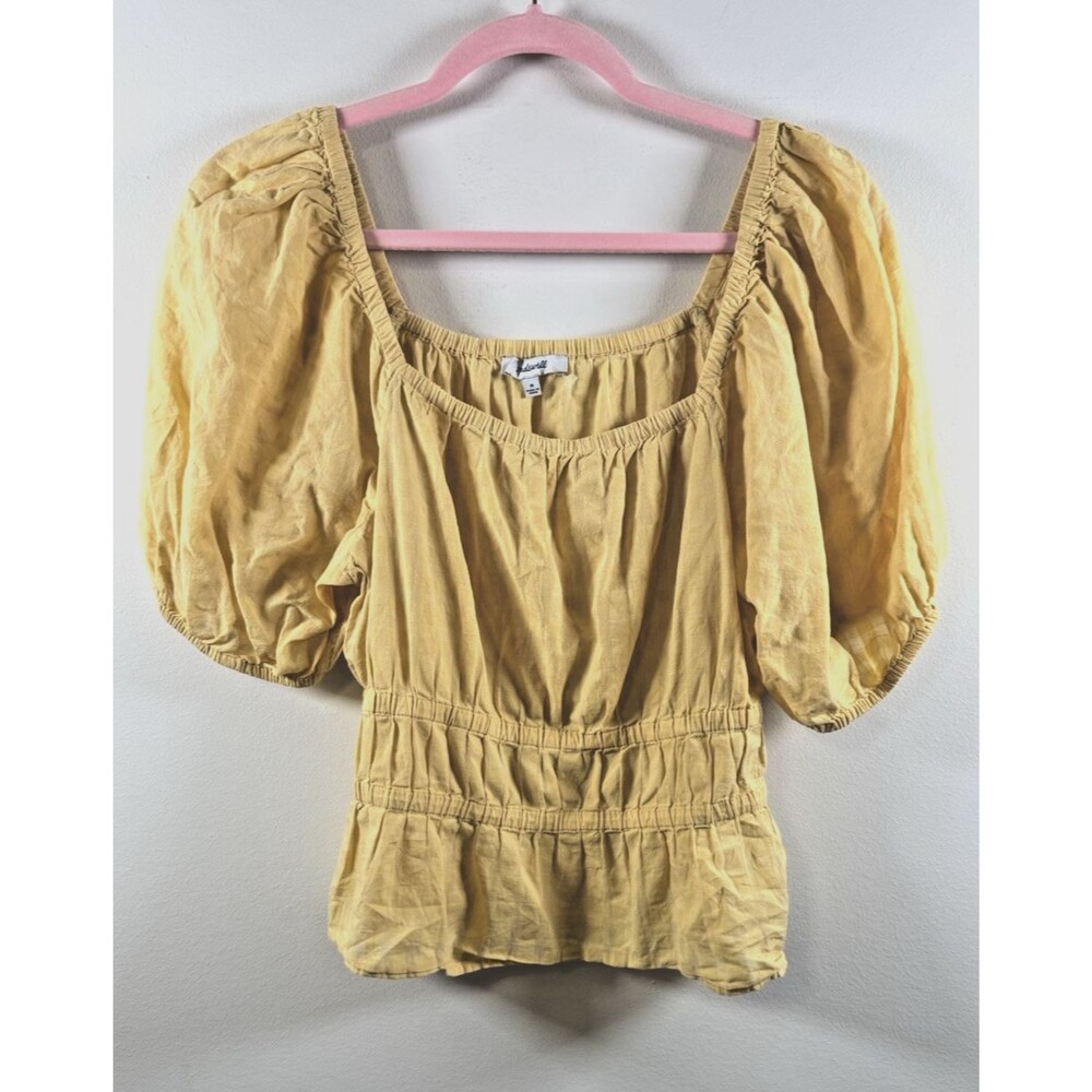 Madewell Womens Yellow Square Neck Smocked Puff 3/4 Sleeve Blouse - M